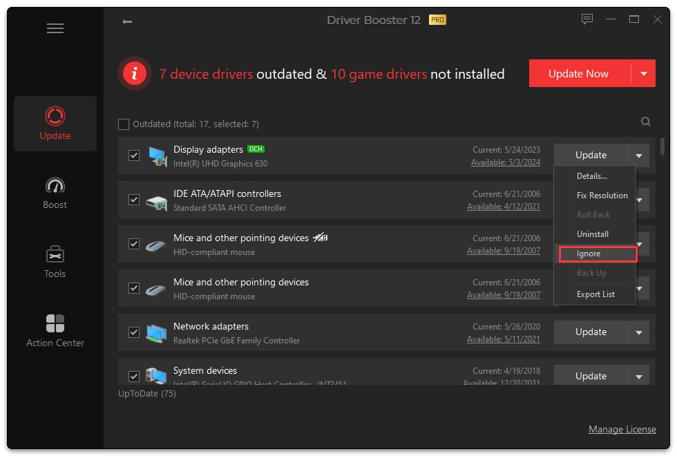 ignore driver updates