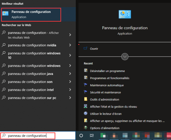 Saisissez panneau de configuration dans la zone de recherche