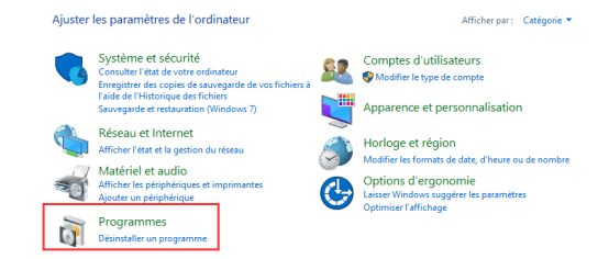 Cliquez sur désinstaller un programme