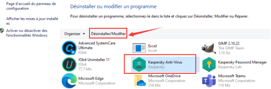 Désinstaller Kaspersky Anti-Virus via le panneau de configuration