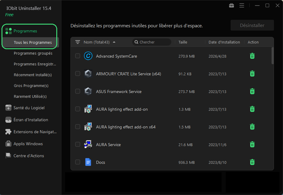Rechercher le logiciel à désinstaller